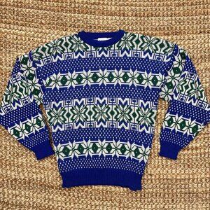 Vintage 90s Puritan Royal Blue Emerald Green Snowflakes Acrylic Sweater (XL)
